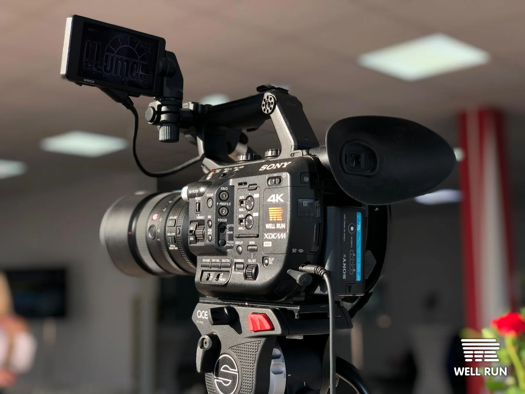 Sony 4K XDCAM camcorder on tripod with monitor and eyepiece, indoors in Kyiv