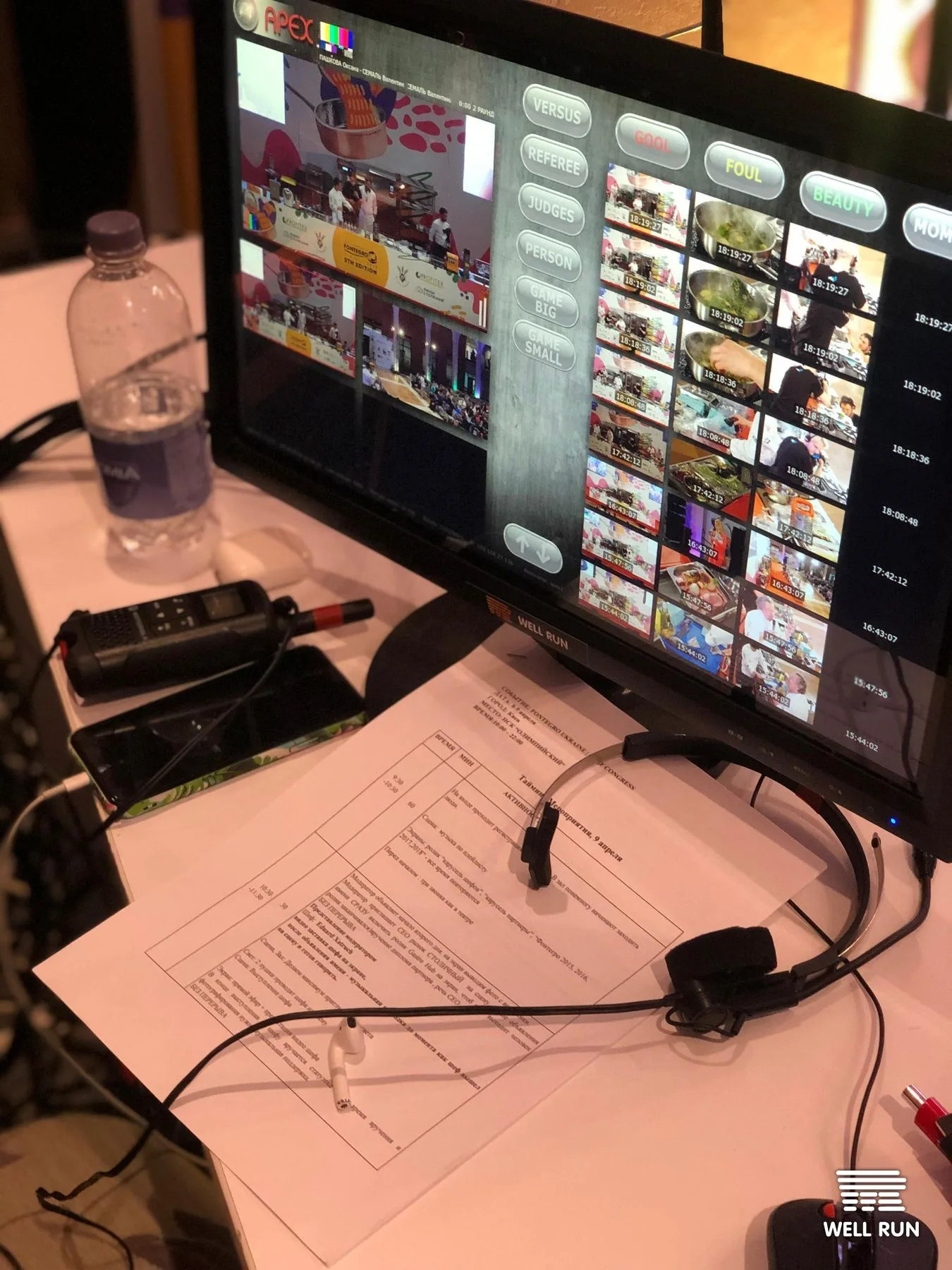 Production monitor displaying multicam clips and tagging interface at Fontegro Ukraine Chefs Congress, Kyiv