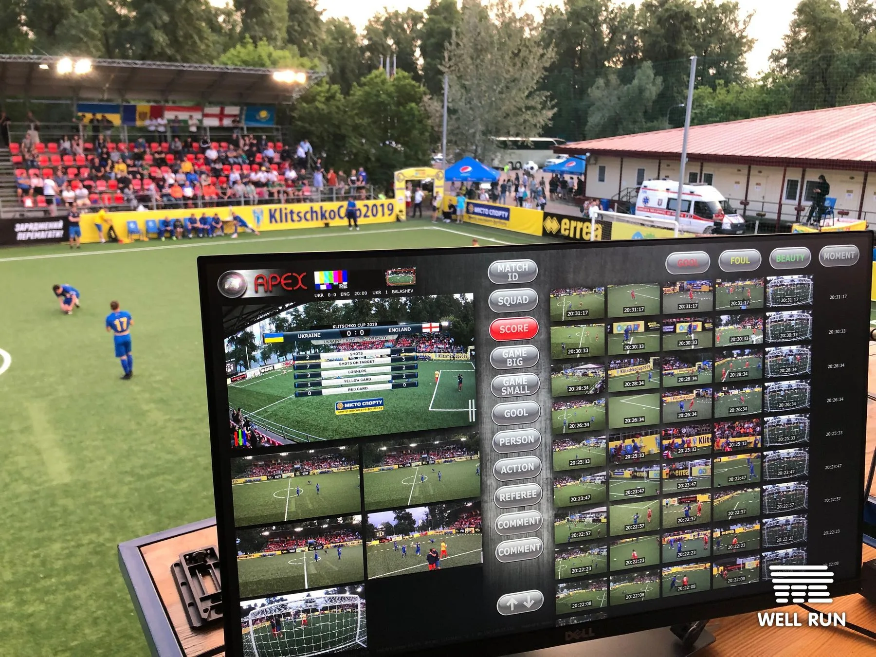 APEX production monitor displaying live multicam graphics and replay grid at Klitschko Cup 2019 football match, Hydropark Arena, Kyiv