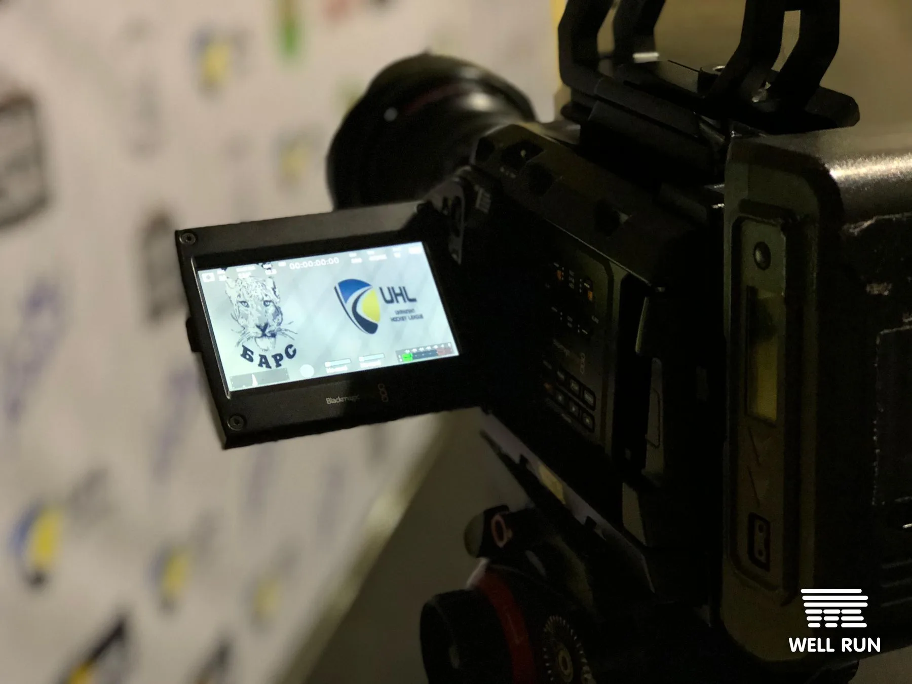 Blackmagic URSA camera monitor showing UHL and HC Bilyi Bars logos at Ice Arena Bilyi Bars